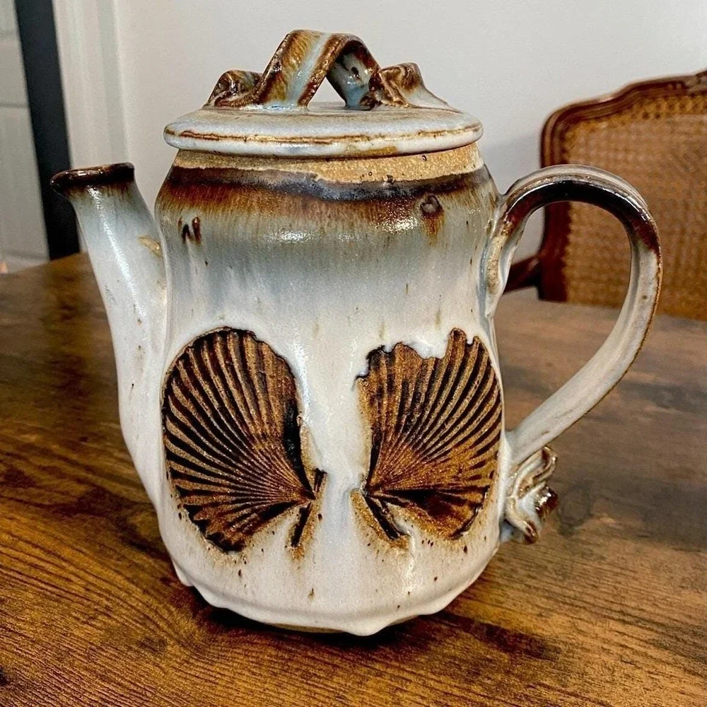 Studio Pottery Seashell Tea Set Teapot 2 Mugs Glazed Hefty Stoneware Coastal Art